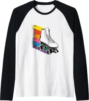Roller Skate Shoes Rainbow Retro Vintage Roller Skating Raglan Baseball Tee