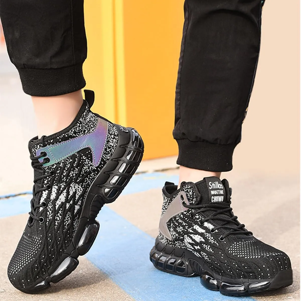 Safety Boots Men's Lightweight Work Shoes,Womens Breathable Steel Toe Cap Trainers Air Cushion Comfortable Non-Slip Construction Industrial Steel Toe Cap Boots (Black 42 EU) (Black 43EU)