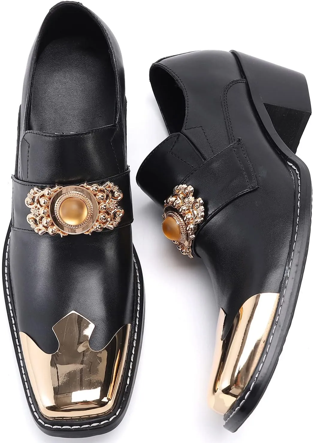 Santimon Mens Loafers Casual Dress Tuxedo Slip On Mocassins Yellow Gemstone Metal Square-Toe Genuine Leather Heel Penny Loafers Wedding Party Disco Western Cowboy Ballroom Shoes