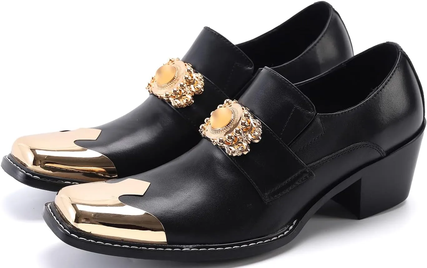 Santimon Mens Loafers Casual Dress Tuxedo Slip On Mocassins Yellow Gemstone Metal Square-Toe Genuine Leather Heel Penny Loafers Wedding Party Disco Western Cowboy Ballroom Shoes