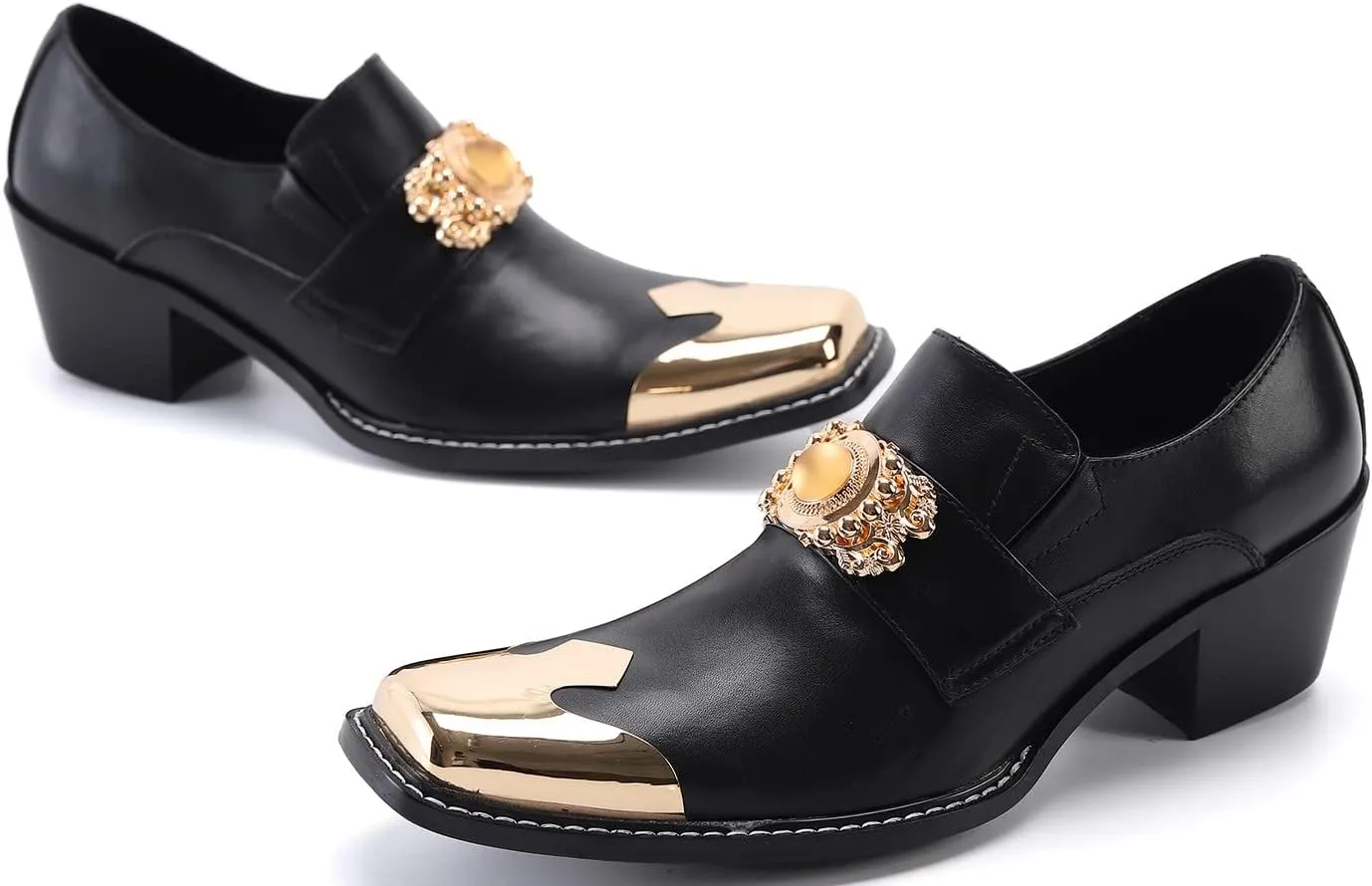 Santimon Mens Loafers Casual Dress Tuxedo Slip On Mocassins Yellow Gemstone Metal Square-Toe Genuine Leather Heel Penny Loafers Wedding Party Disco Western Cowboy Ballroom Shoes