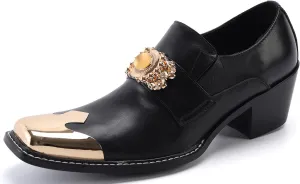 Santimon Mens Loafers Casual Dress Tuxedo Slip On Mocassins Yellow Gemstone Metal Square-Toe Genuine Leather Heel Penny Loafers Wedding Party Disco Western Cowboy Ballroom Shoes