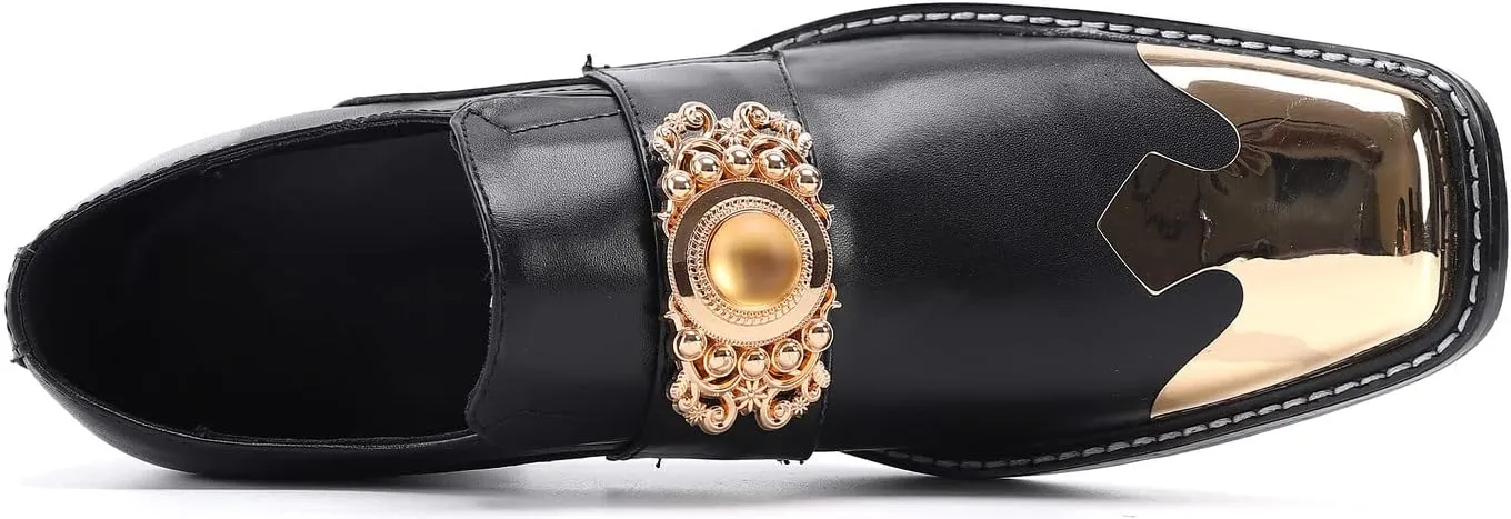 Santimon Mens Loafers Casual Dress Tuxedo Slip On Mocassins Yellow Gemstone Metal Square-Toe Genuine Leather Heel Penny Loafers Wedding Party Disco Western Cowboy Ballroom Shoes