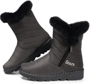 SHIBEVER Waterproof Winter Boots for Women: Snow Mid Calf Fur Lined Warm Women Boot Outdoor Resistant Booties