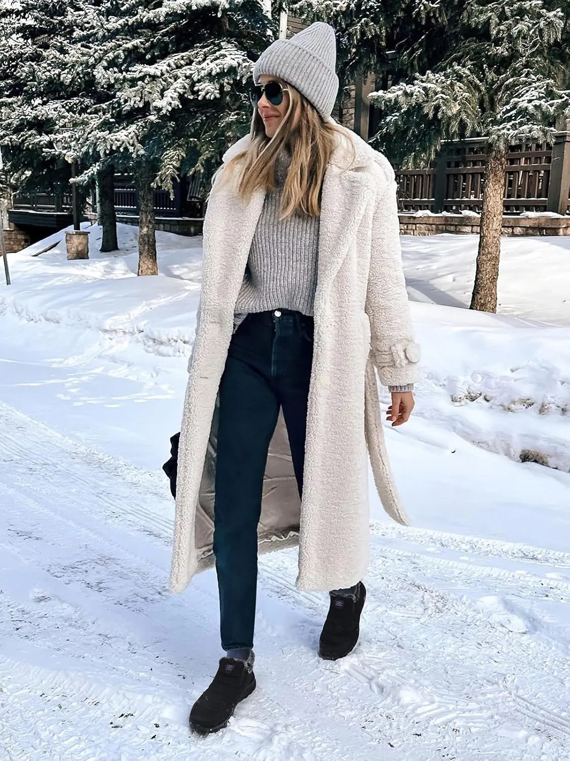 SHIBEVER Winter Boots for Women: Black Warm Fur Lined Slip on Ankle Snow Boots Comfortable Waterproof Outdoor Shoes Size