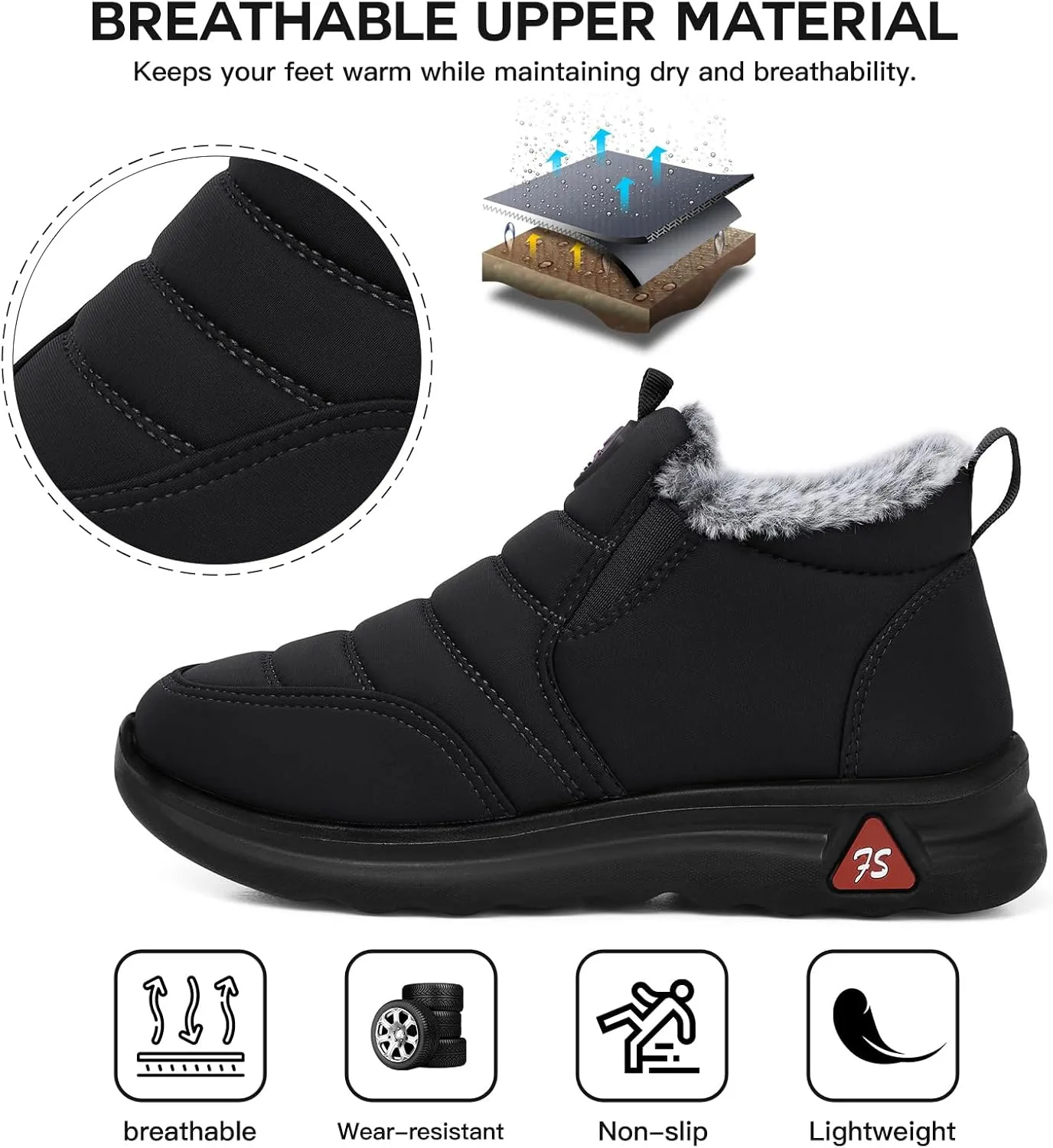 SHIBEVER Winter Boots for Women: Black Warm Fur Lined Slip on Ankle Snow Boots Comfortable Waterproof Outdoor Shoes Size