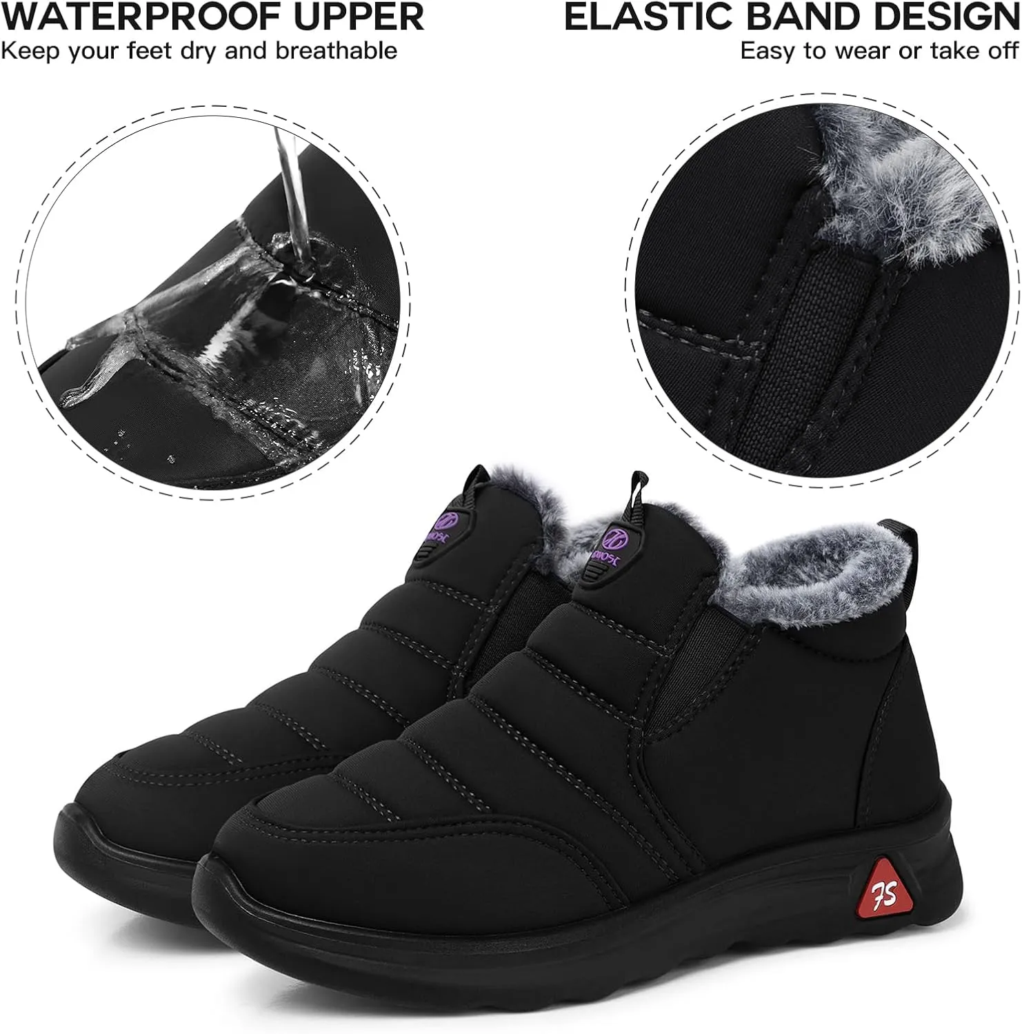 SHIBEVER Winter Boots for Women: Black Warm Fur Lined Slip on Ankle Snow Boots Comfortable Waterproof Outdoor Shoes Size