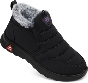 SHIBEVER Winter Boots for Women: Black Warm Fur Lined Slip on Ankle Snow Boots Comfortable Waterproof Outdoor Shoes Size