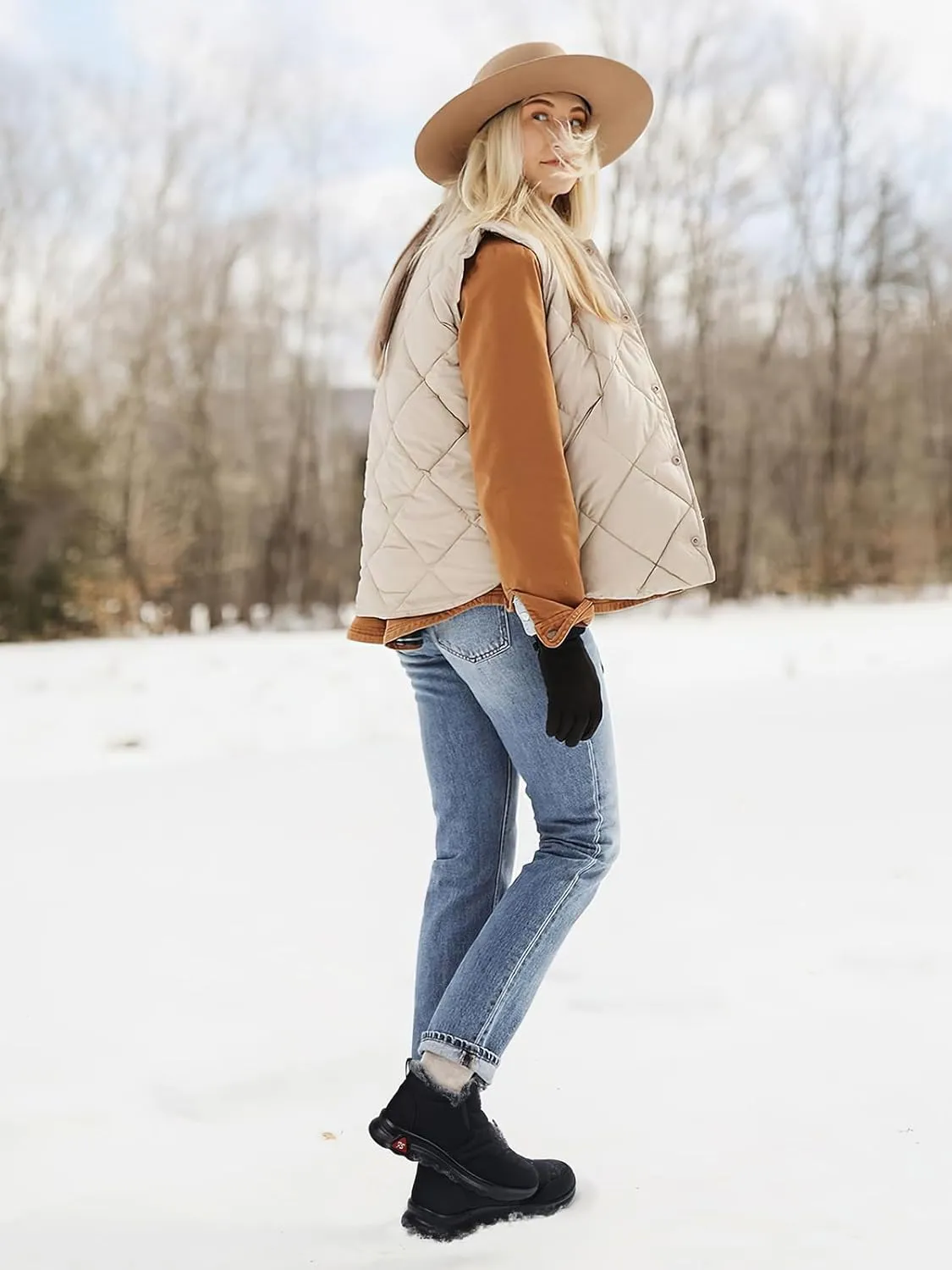 SHIBEVER Winter Boots for Women: Black Warm Fur Lined Slip on Ankle Snow Boots Comfortable Waterproof Outdoor Shoes Size