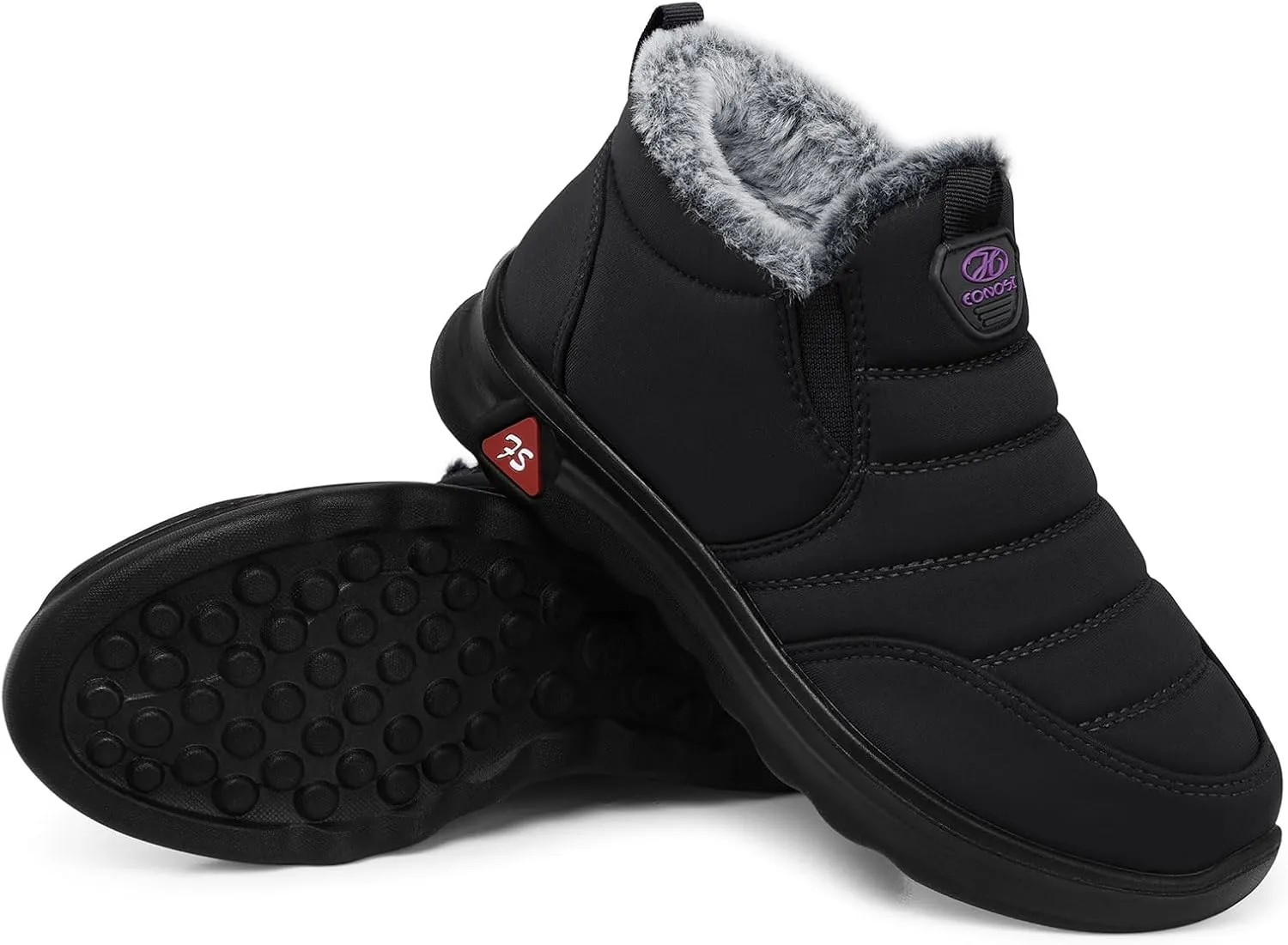 SHIBEVER Winter Boots for Women: Black Warm Fur Lined Slip on Ankle Snow Boots Comfortable Waterproof Outdoor Shoes Size