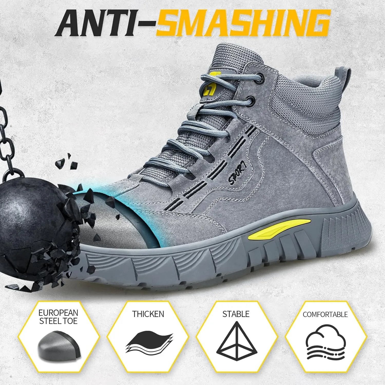 Steel Toe Boots for Men Indestructible Steel Toe Shoes Breathable High Top Work Boots for Men Lightweight Safety Shoes Non Slip Work Shoes Industry Construction Safety Boots