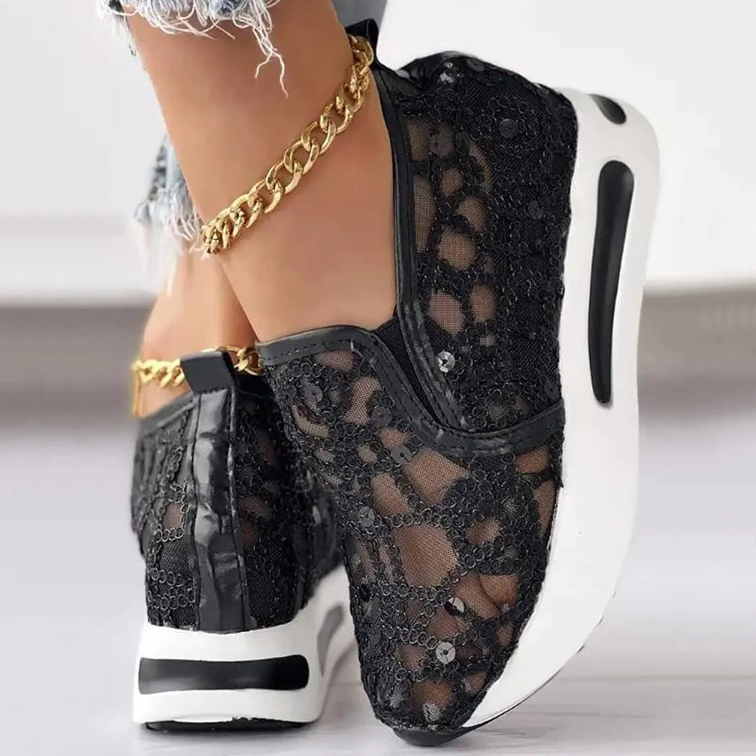 Summer Womens Sneakers Dressy Platform Wedge Sneakers Breathable Floral Embroidery Sheer Mesh Lace Sneaker Fashion Slip On Orthopedic Shoes with Arch Support Casual Walking Shoes