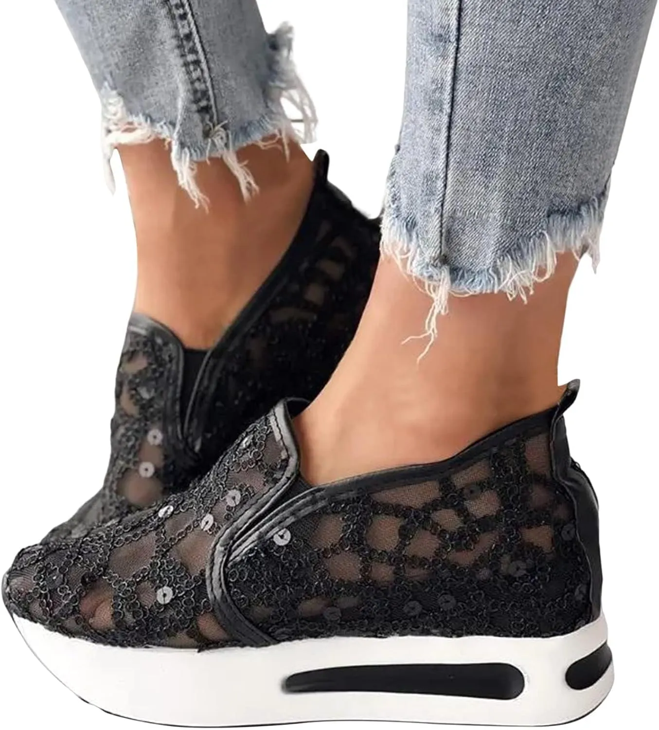 Summer Womens Sneakers Dressy Platform Wedge Sneakers Breathable Floral Embroidery Sheer Mesh Lace Sneaker Fashion Slip On Orthopedic Shoes with Arch Support Casual Walking Shoes