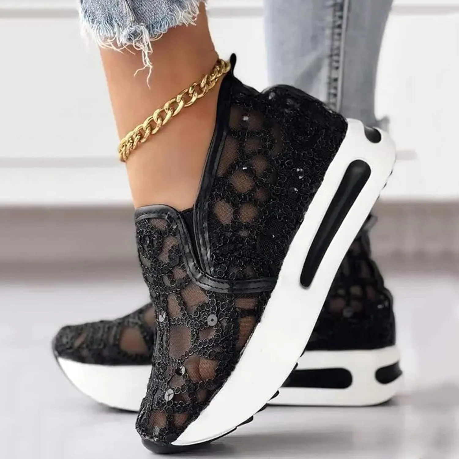 Summer Womens Sneakers Dressy Platform Wedge Sneakers Breathable Floral Embroidery Sheer Mesh Lace Sneaker Fashion Slip On Orthopedic Shoes with Arch Support Casual Walking Shoes