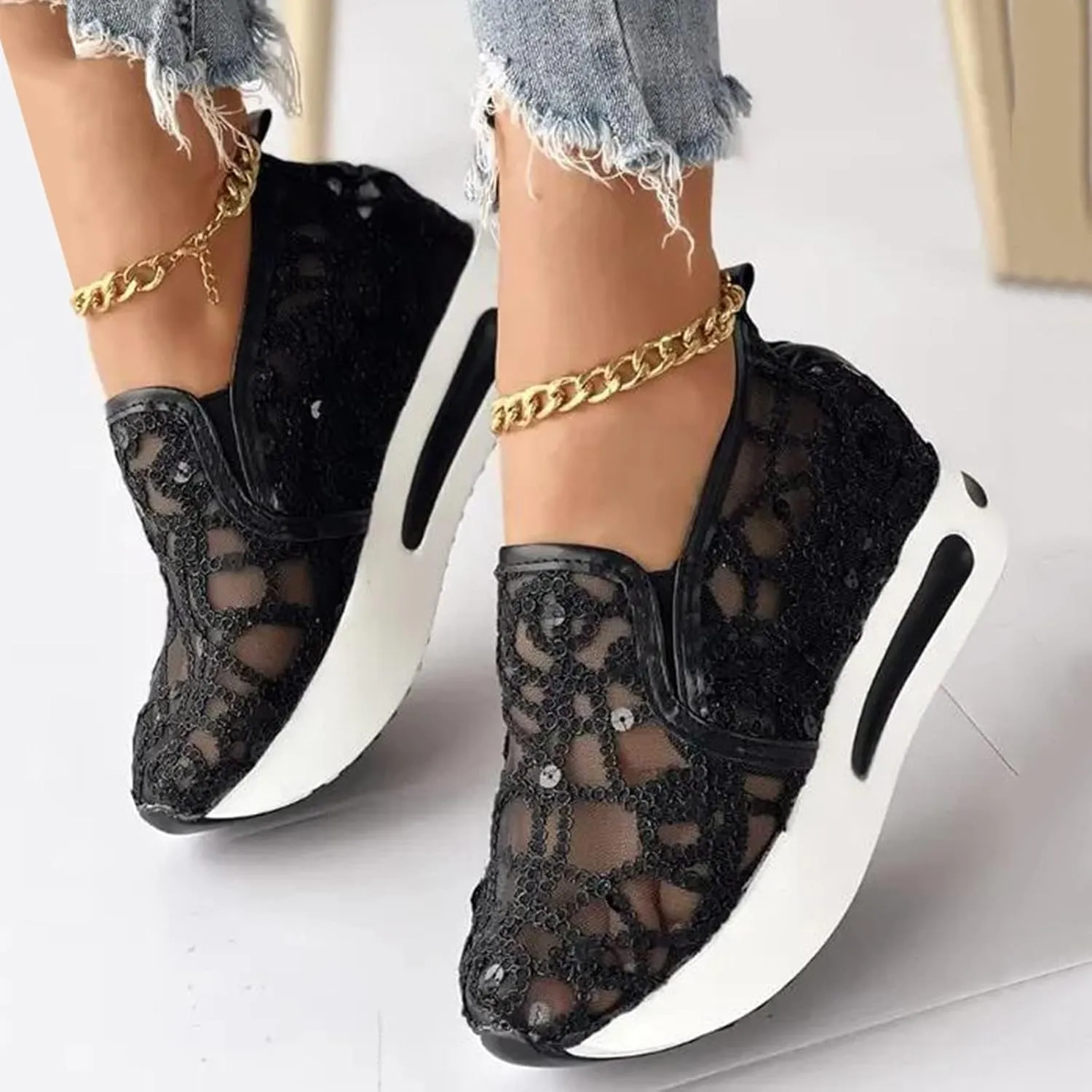 Summer Womens Sneakers Dressy Platform Wedge Sneakers Breathable Floral Embroidery Sheer Mesh Lace Sneaker Fashion Slip On Orthopedic Shoes with Arch Support Casual Walking Shoes