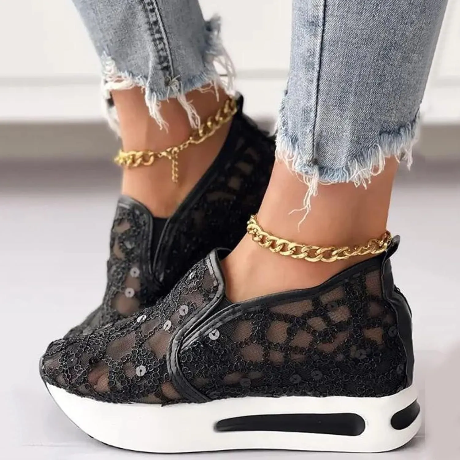 Summer Womens Sneakers Dressy Platform Wedge Sneakers Breathable Floral Embroidery Sheer Mesh Lace Sneaker Fashion Slip On Orthopedic Shoes with Arch Support Casual Walking Shoes