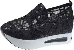 Summer Womens Sneakers Dressy Platform Wedge Sneakers Breathable Floral Embroidery Sheer Mesh Lace Sneaker Fashion Slip On Orthopedic Shoes with Arch Support Casual Walking Shoes