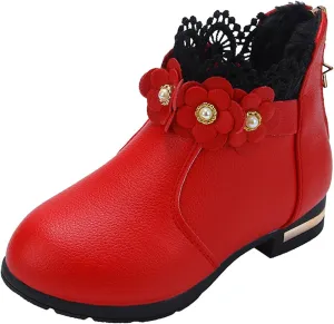 Toddler Boots Baby Girl Boy Warm ?aterproof Winter 3D Flowers Ankle Boots Leather Soft Sole (Red, 9.5 Little Child)