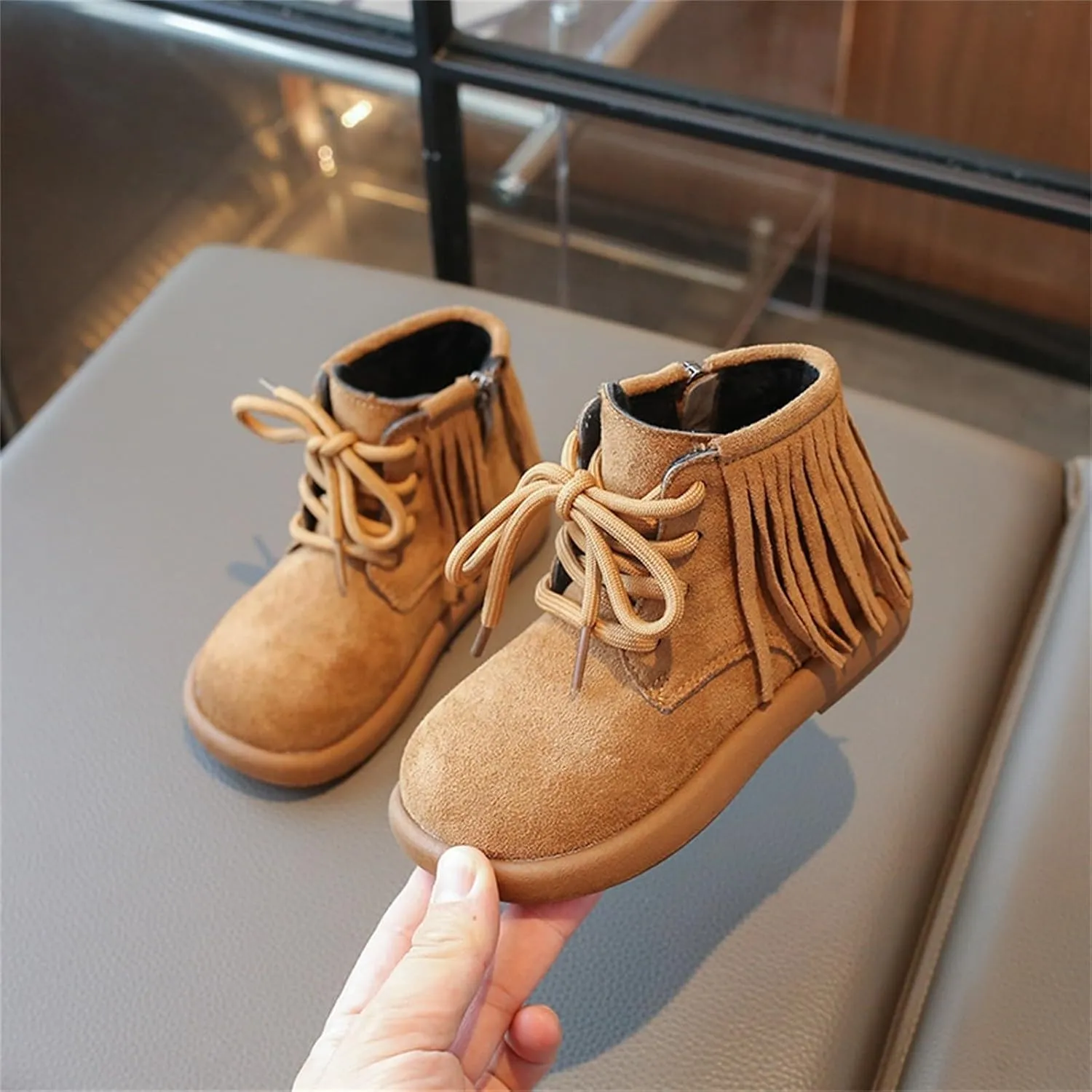Toddler Girls Fashion Tassel Ankle Boots Round Toe Solid Color Fashion Outdoor Warm  Lined Soft Hiking Shoes