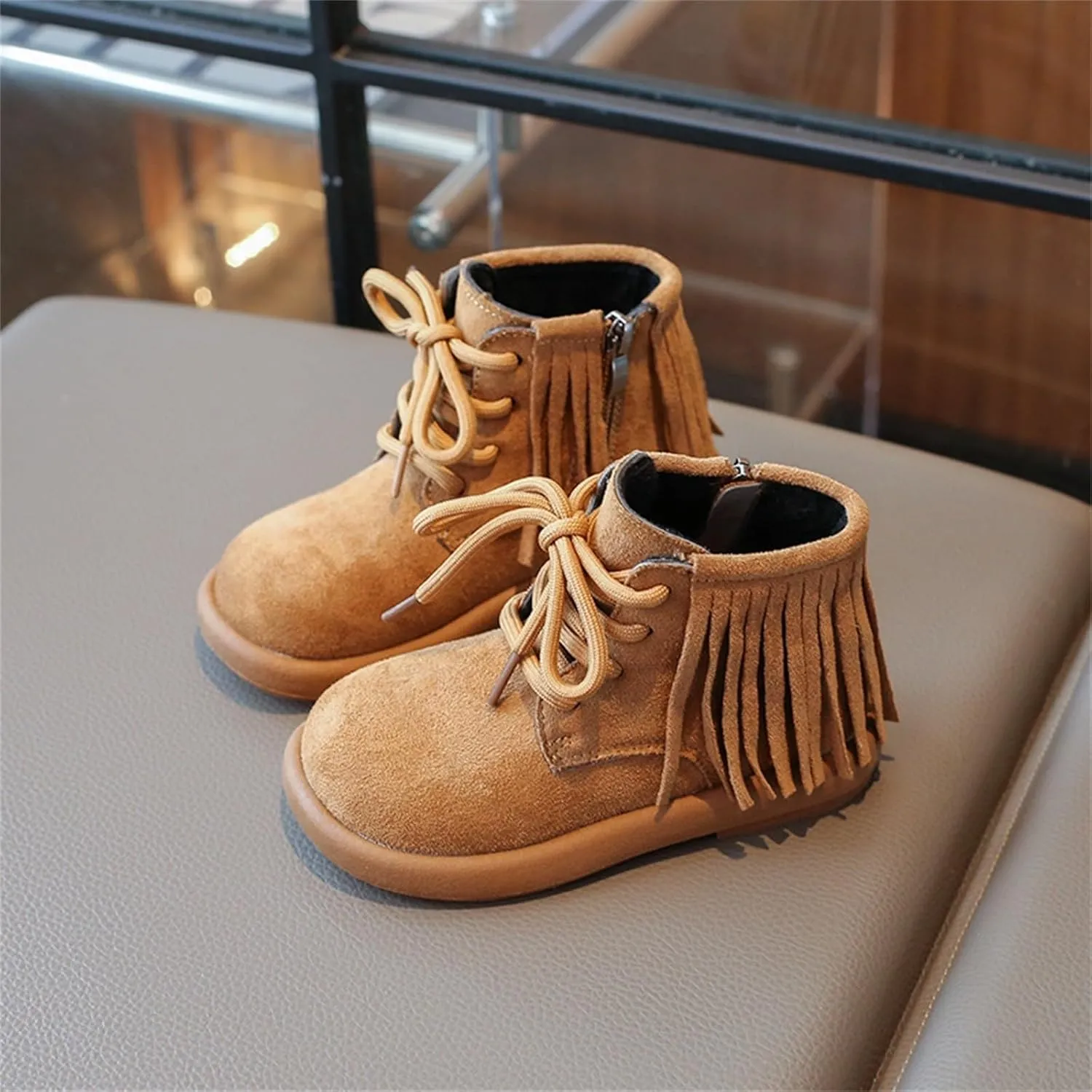 Toddler Girls Fashion Tassel Ankle Boots Round Toe Solid Color Fashion Outdoor Warm  Lined Soft Hiking Shoes