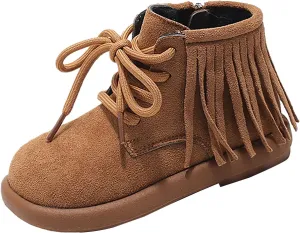 Toddler Girls Fashion Tassel Ankle Boots Round Toe Solid Color Fashion Outdoor Warm  Lined Soft Hiking Shoes