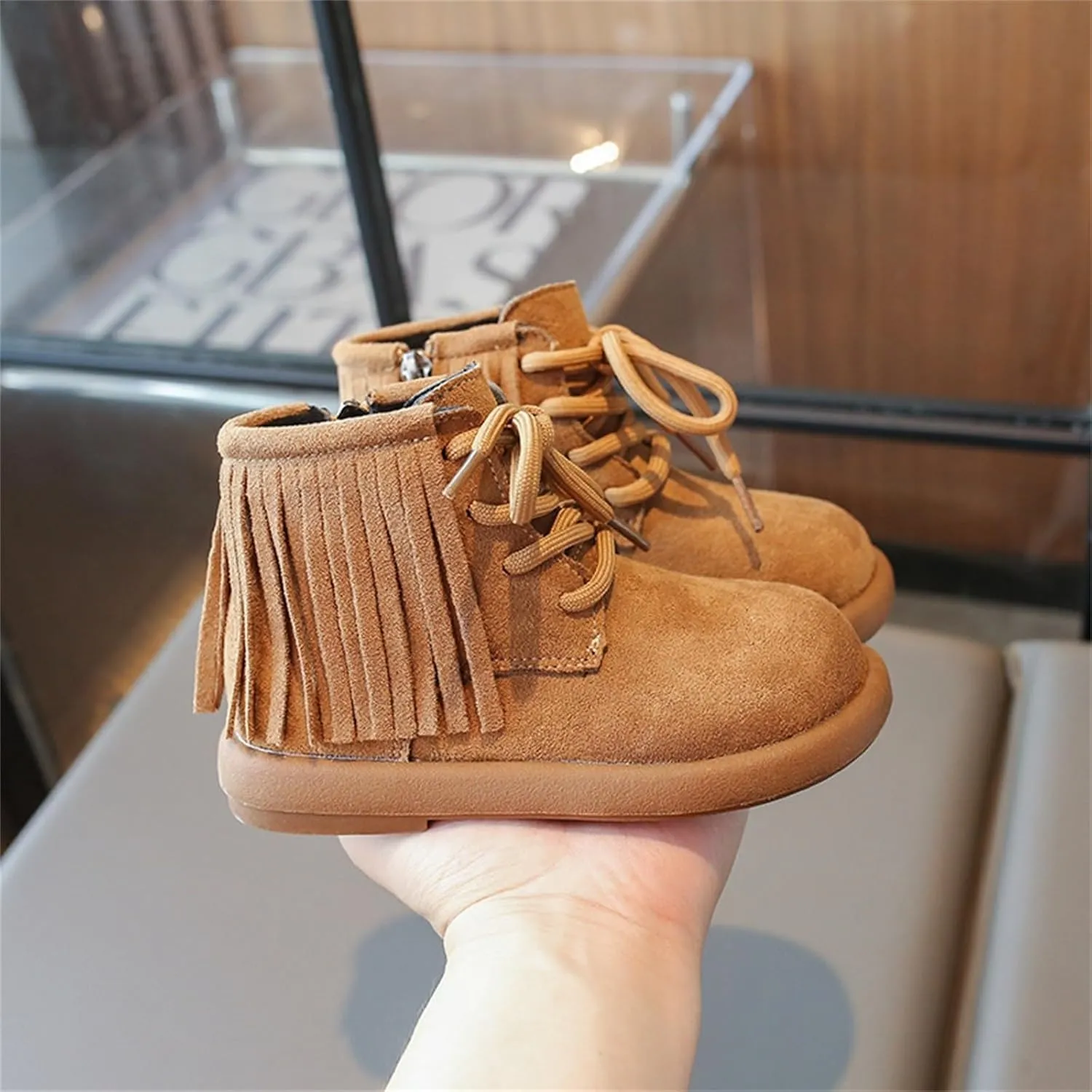 Toddler Girls Fashion Tassel Ankle Boots Round Toe Solid Color Fashion Outdoor Warm  Lined Soft Hiking Shoes