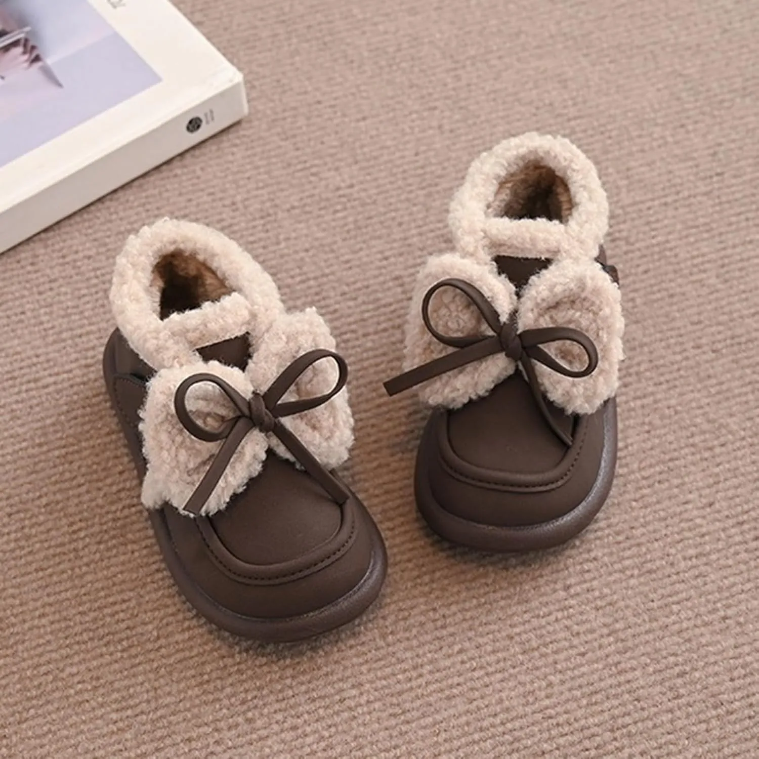 Toddler Girls Fleece Plush Ankle Boots Kids Winter Fashion Cute Bowknot Cotton Fr ining Comfy Soft Girl Shoes Cute