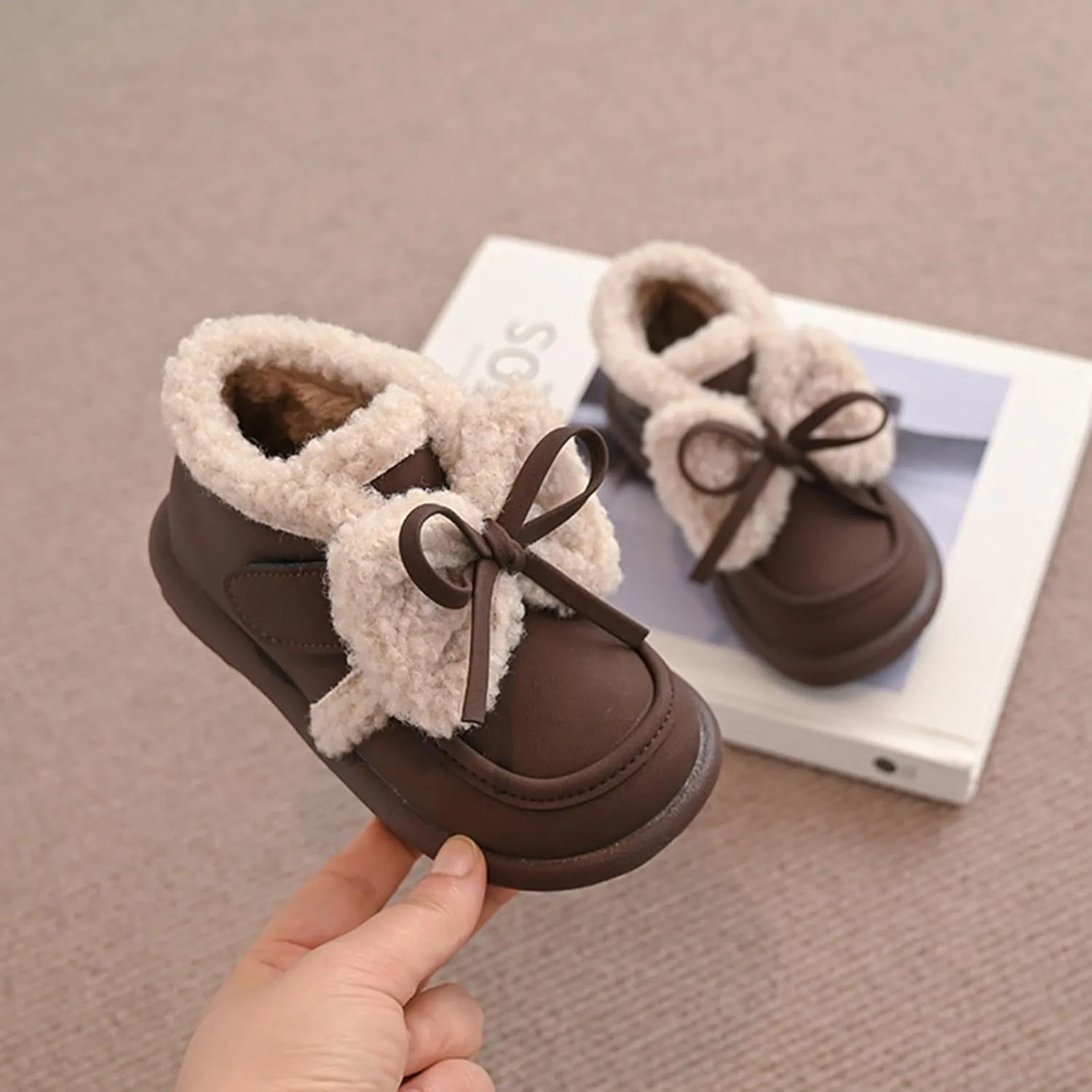 Toddler Girls Fleece Plush Ankle Boots Kids Winter Fashion Cute Bowknot Cotton Fr ining Comfy Soft Girl Shoes Cute