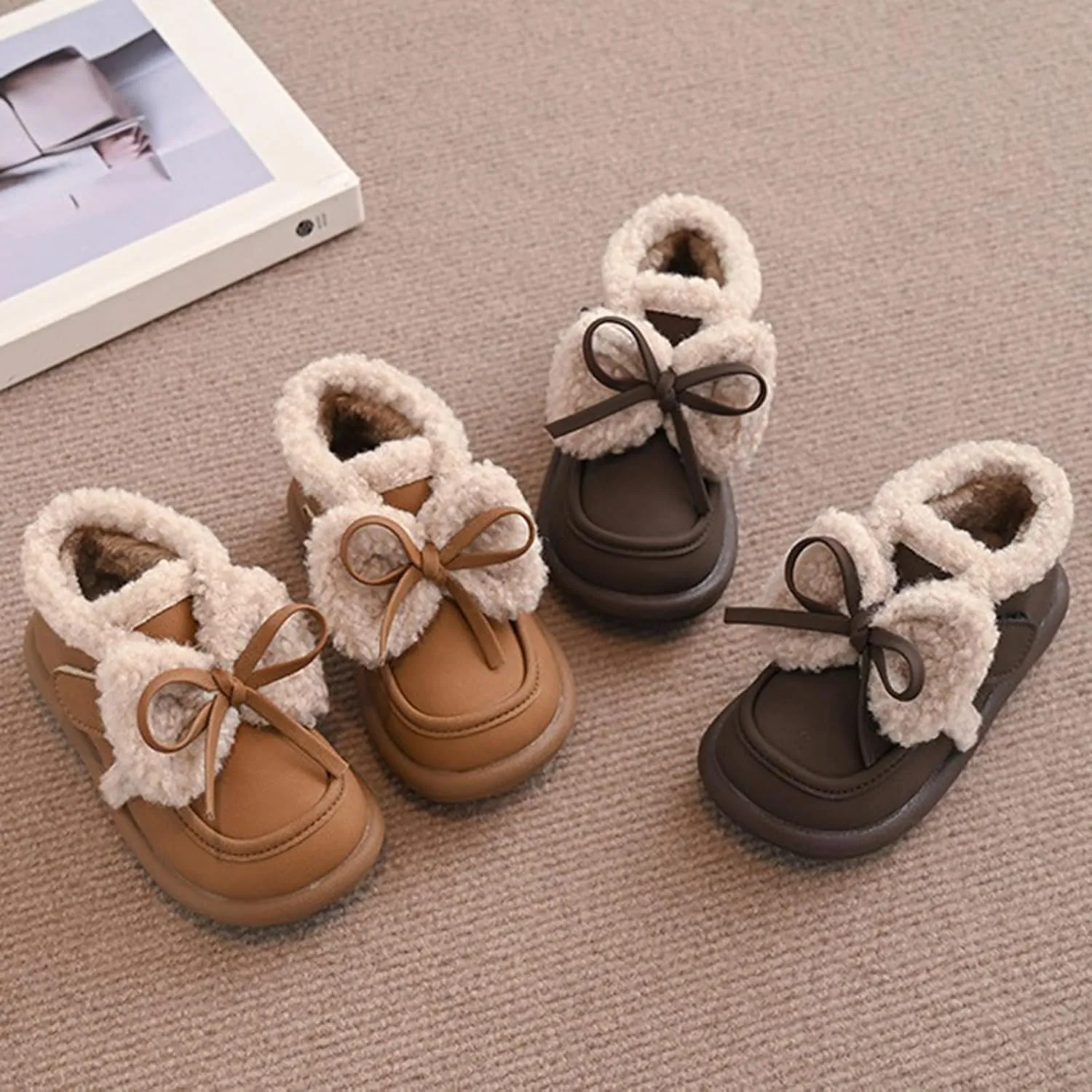 Toddler Girls Fleece Plush Ankle Boots Kids Winter Fashion Cute Bowknot Cotton Fr ining Comfy Soft Girl Shoes Cute