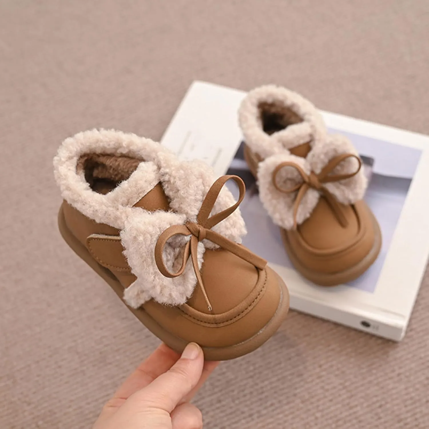 Toddler Girls Fleece Plush Ankle Boots Kids Winter Fashion Cute Bowknot Cotton Fr ining Comfy Soft Girl Shoes Cute