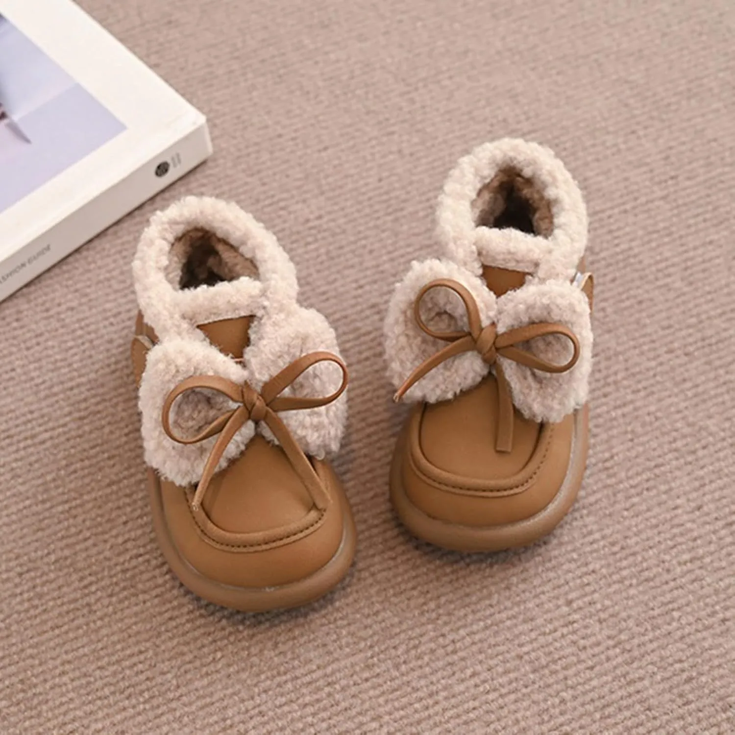 Toddler Girls Fleece Plush Ankle Boots Kids Winter Fashion Cute Bowknot Cotton Fr ining Comfy Soft Girl Shoes Cute