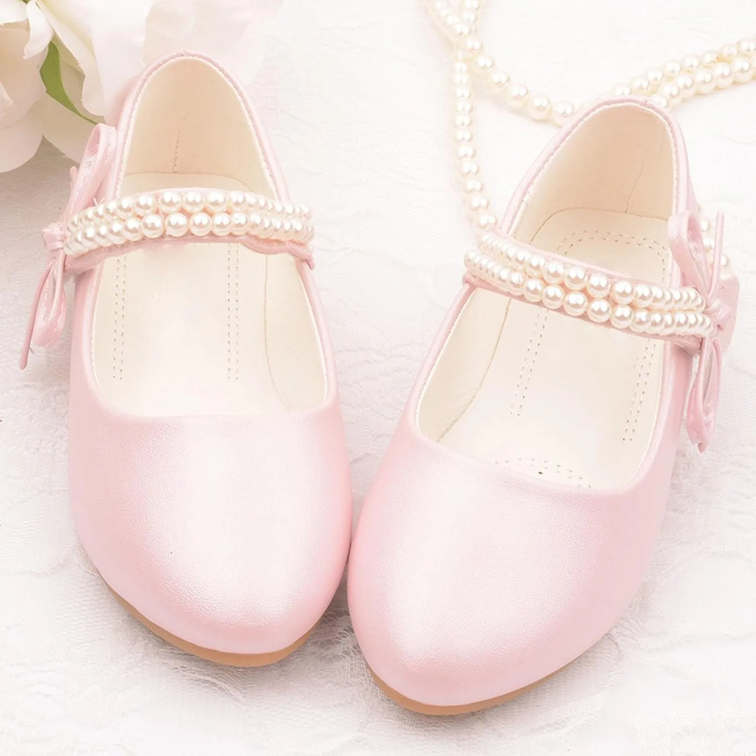 Toddler Girls Pearls Straps Mary Jane Shoes Bowknot Flat Kids Princess Dress Up Sandals Wedding P𝐚rty Outdoor