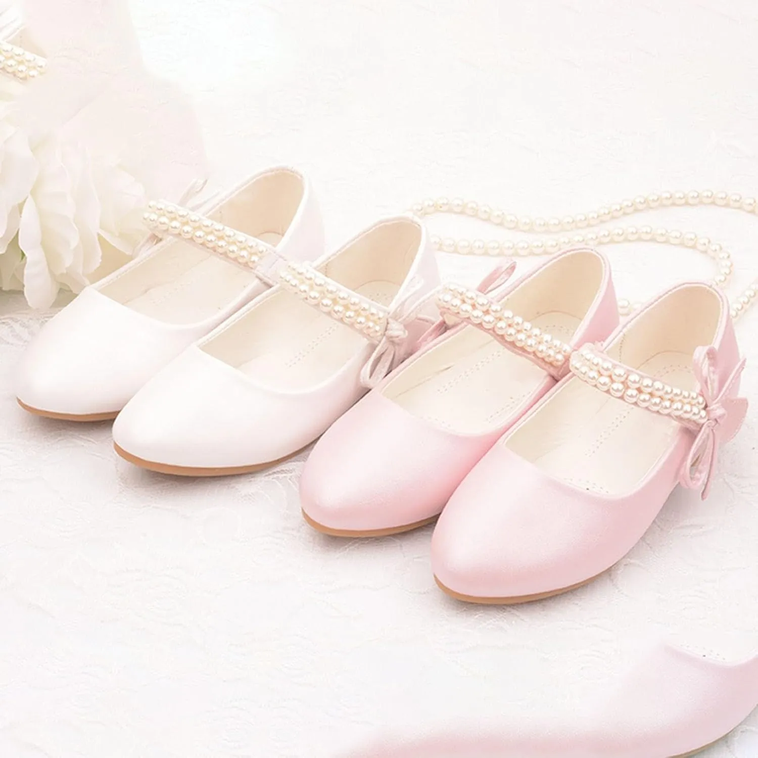 Toddler Girls Pearls Straps Mary Jane Shoes Bowknot Flat Kids Princess Dress Up Sandals Wedding P𝐚rty Outdoor