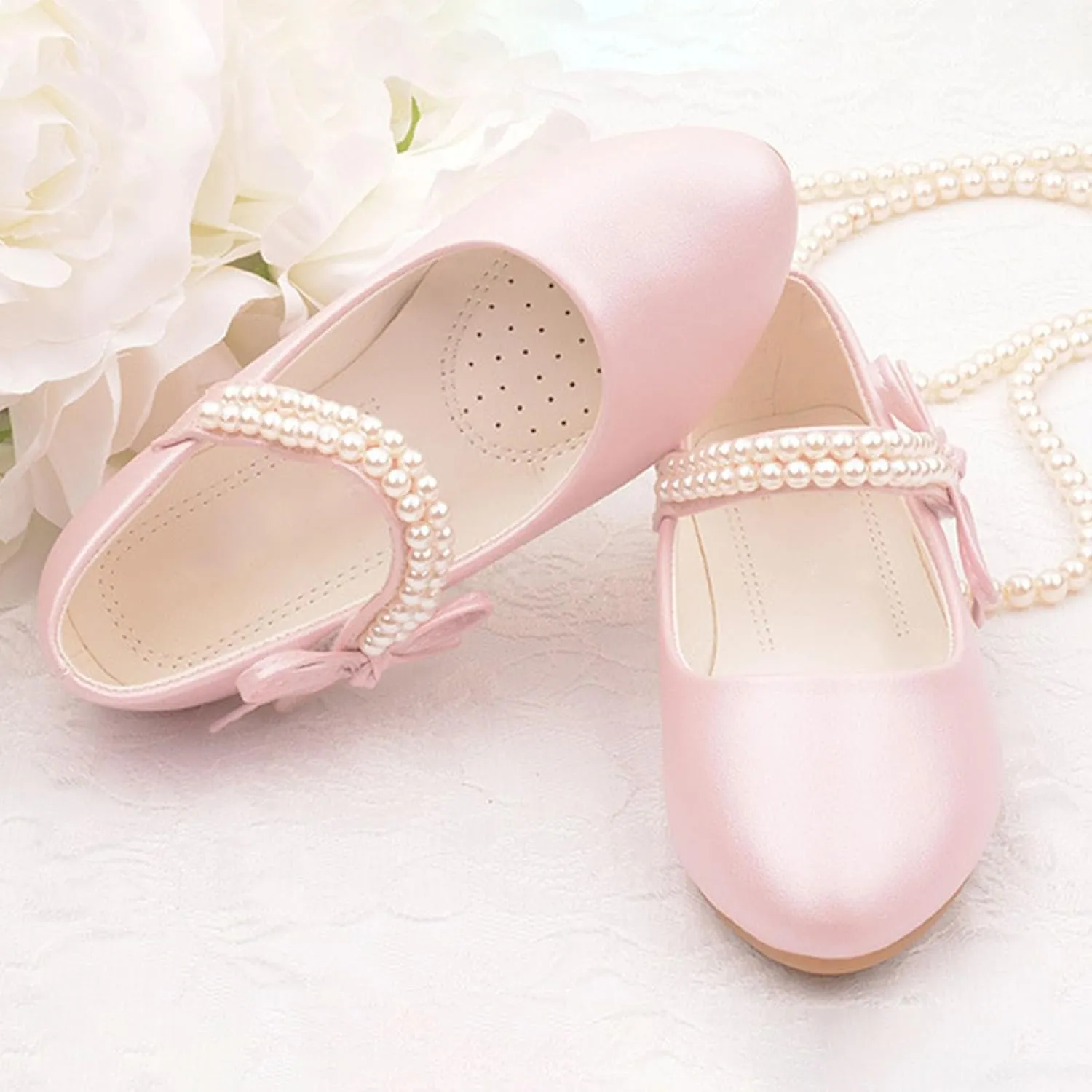 Toddler Girls Pearls Straps Mary Jane Shoes Bowknot Flat Kids Princess Dress Up Sandals Wedding P𝐚rty Outdoor