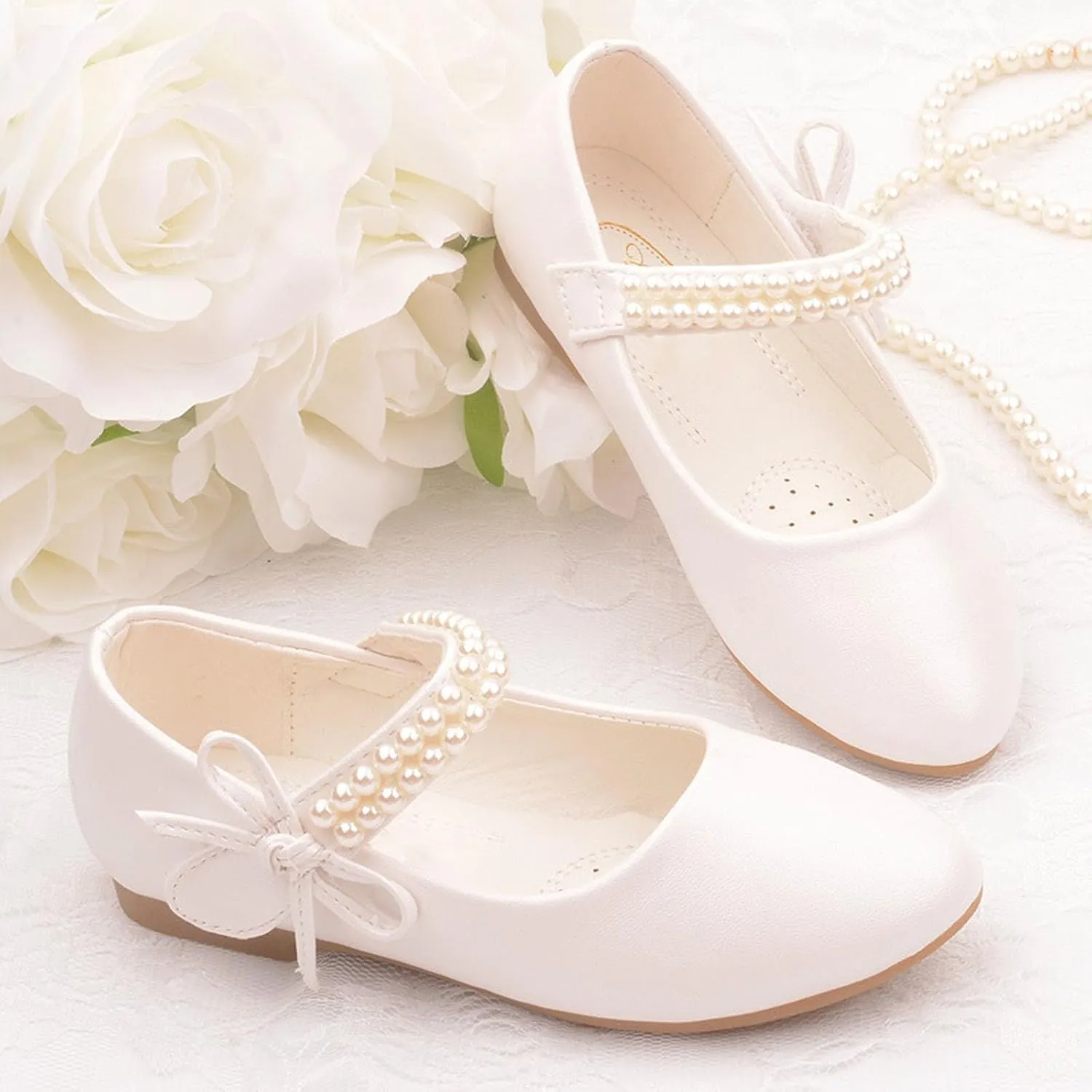Toddler Girls Pearls Straps Mary Jane Shoes Bowknot Flat Kids Princess Dress Up Sandals Wedding P𝐚rty Outdoor