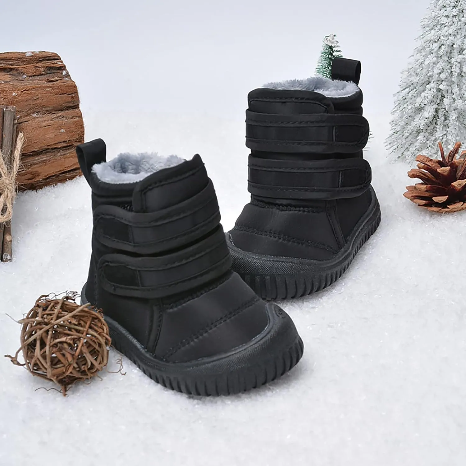 Toddler Snow Boots Double Strap Winter Warm Shoes Baby Faux Fur Lined Soft Fleece Booties with Non-Slip Rubber Sole