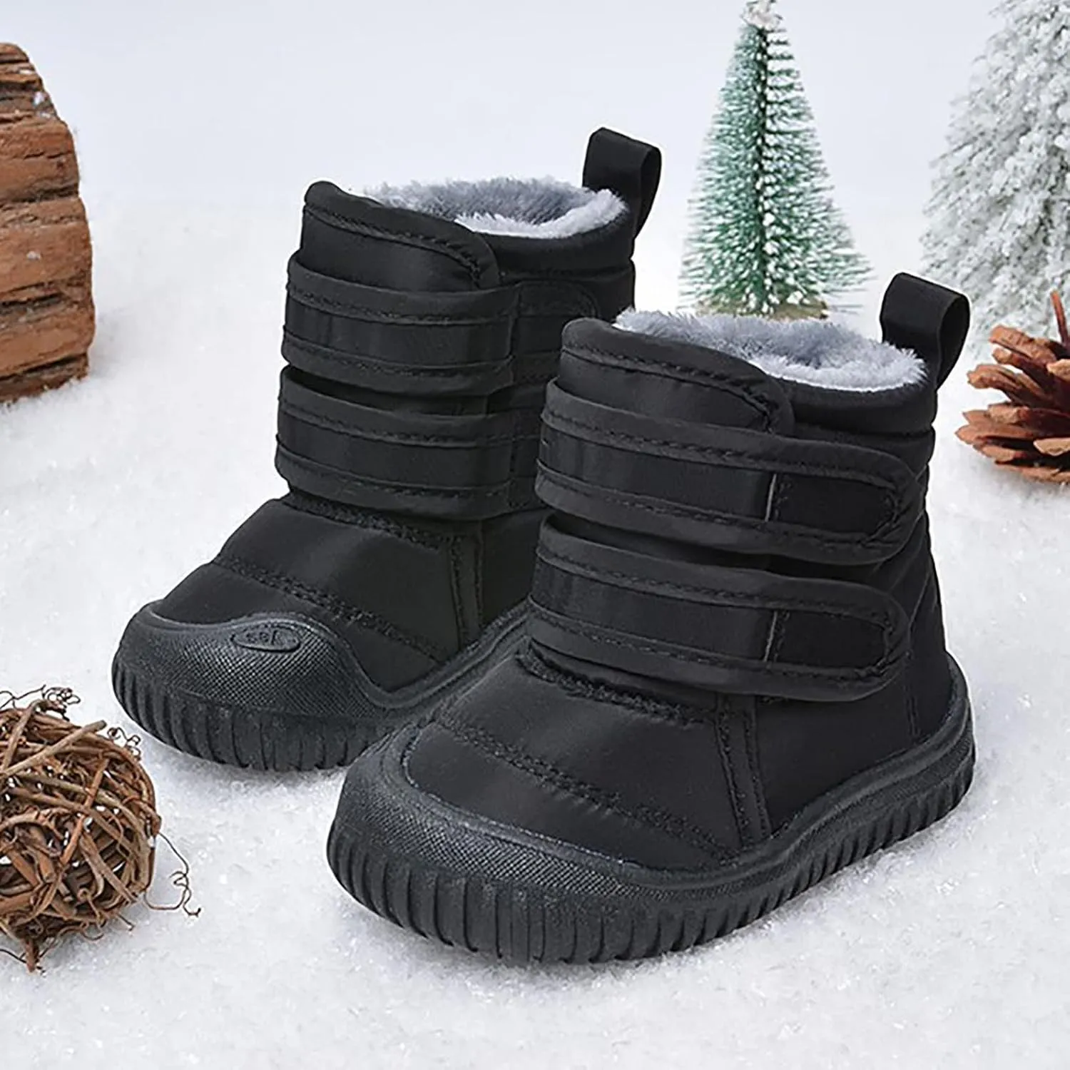 Toddler Snow Boots Double Strap Winter Warm Shoes Baby Faux Fur Lined Soft Fleece Booties with Non-Slip Rubber Sole