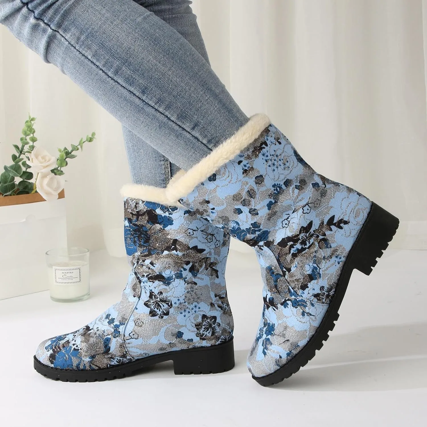 Trendy Printed Warm Boots for Women Fleece Lined Mid Calf Cold Proof Boots Slip On Winter Womens Snow Boots