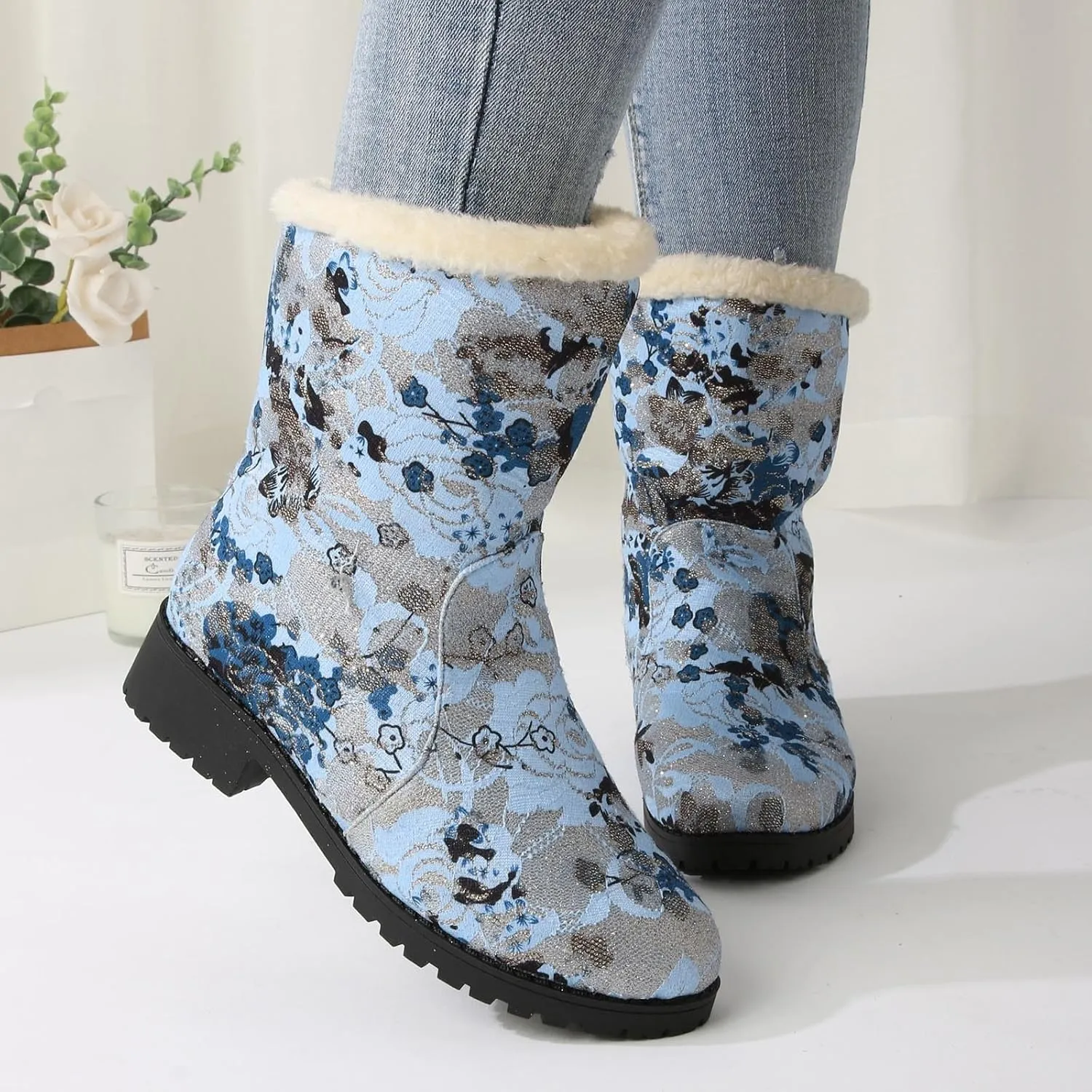 Trendy Printed Warm Boots for Women Fleece Lined Mid Calf Cold Proof Boots Slip On Winter Womens Snow Boots