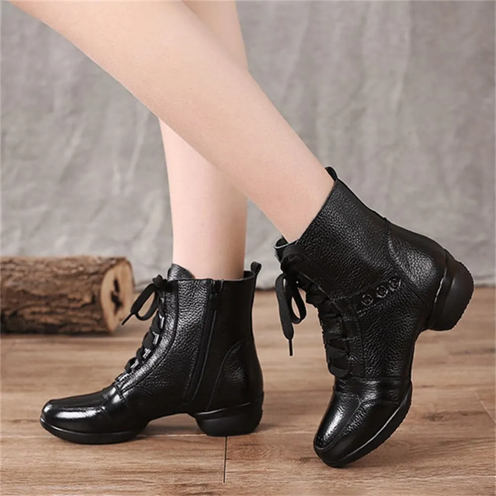 VEACAM High-Top Jazz Shoes for Women Leather Dance Boots Split Sole Ballroom Dancing Trainers Lace Up Platform Teaching Practice Ballroom Shoes