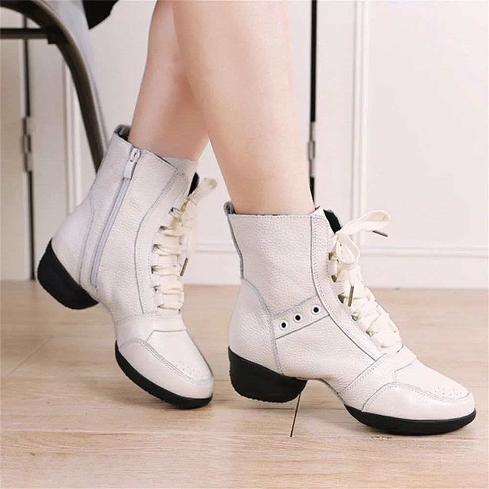 VEACAM High-Top Jazz Shoes for Women Leather Dance Boots Split Sole Ballroom Dancing Trainers Lace Up Platform Teaching Practice Ballroom Shoes