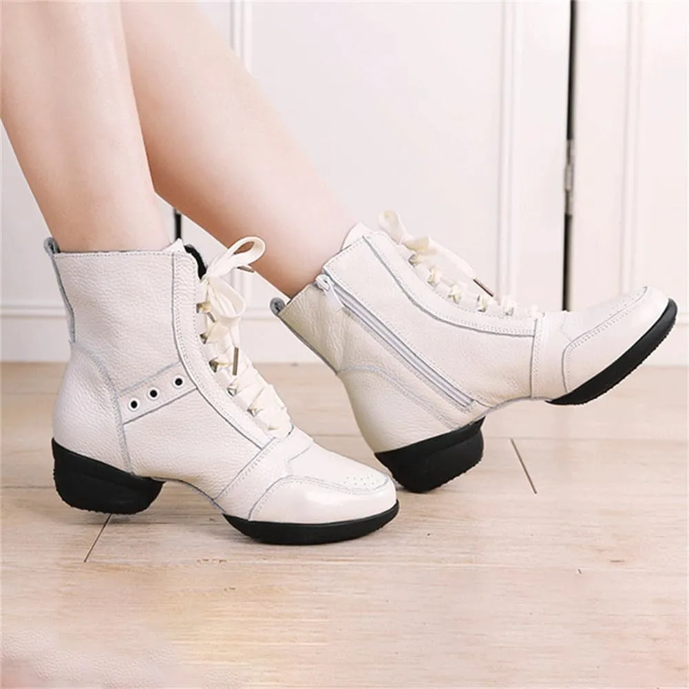 VEACAM High-Top Jazz Shoes for Women Leather Dance Boots Split Sole Ballroom Dancing Trainers Lace Up Platform Teaching Practice Ballroom Shoes