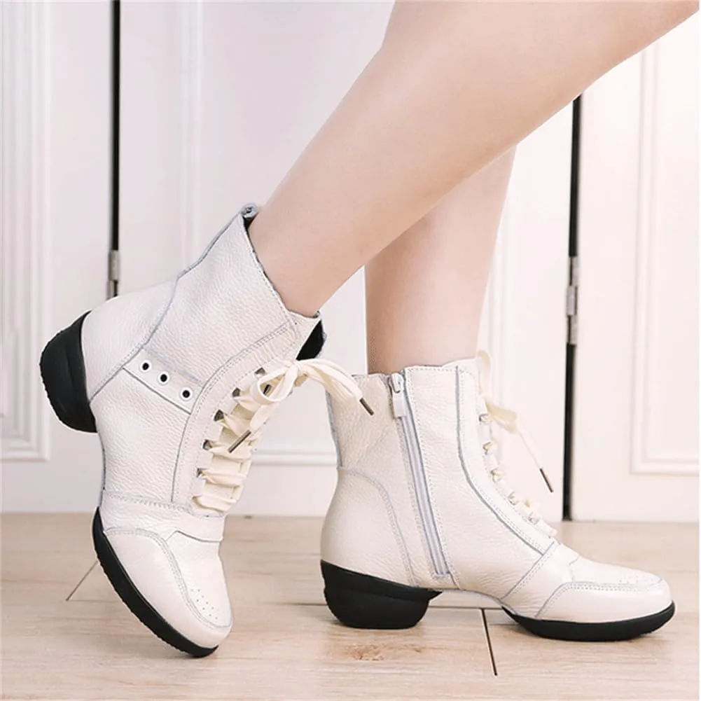 VEACAM High-Top Jazz Shoes for Women Leather Dance Boots Split Sole Ballroom Dancing Trainers Lace Up Platform Teaching Practice Ballroom Shoes