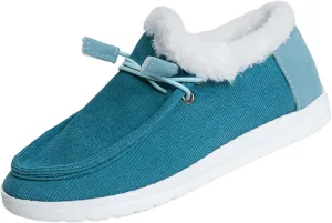 Winter Shoes Women Fleece Lined Low-Top Slip Ons Comfortable Flats Fur Lace Up Loafers Casual Canvas Sneakers