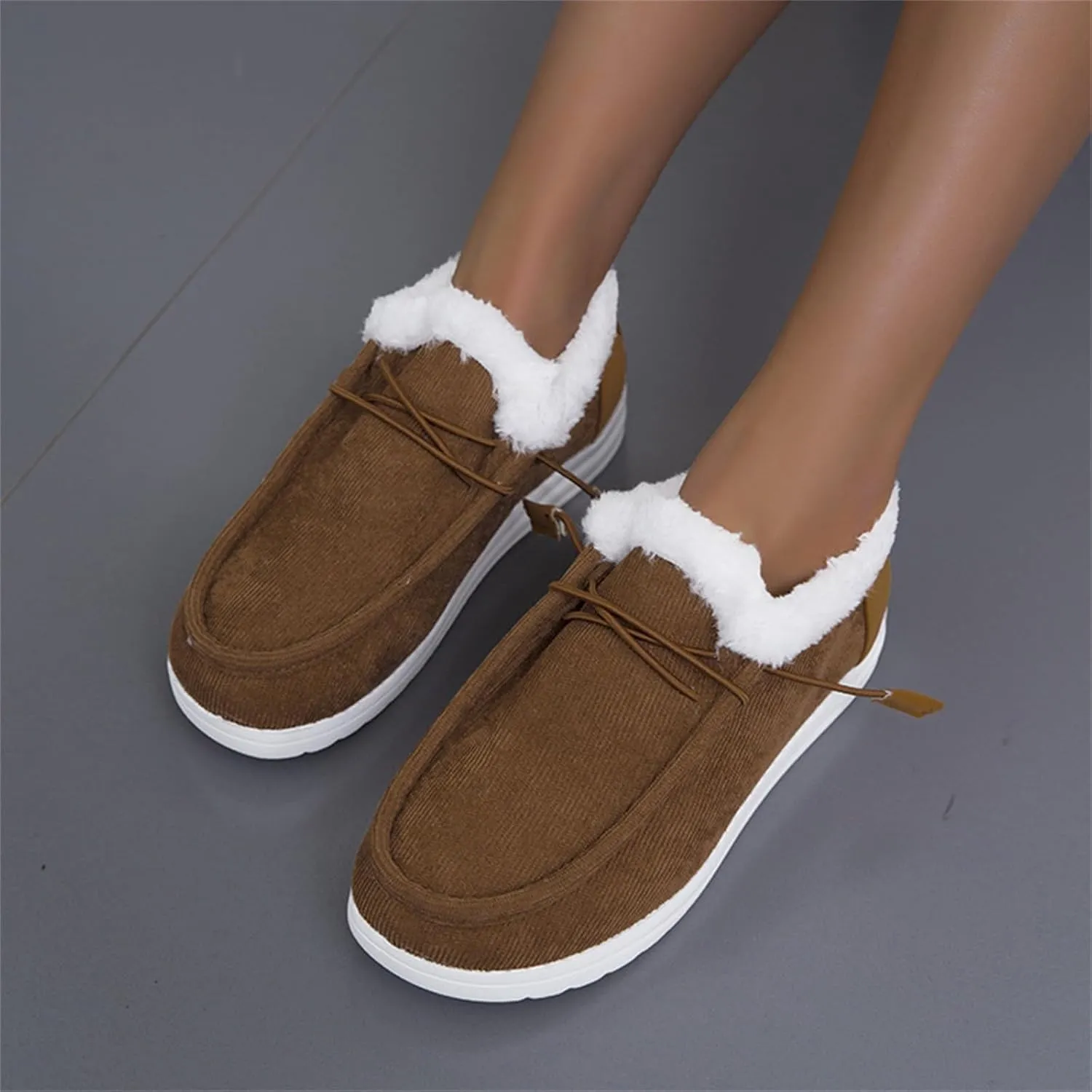 Winter Shoes Women Fleece Lined Low-Top Slip Ons Comfortable Flats Fur Lace Up Loafers Casual Canvas Sneakers