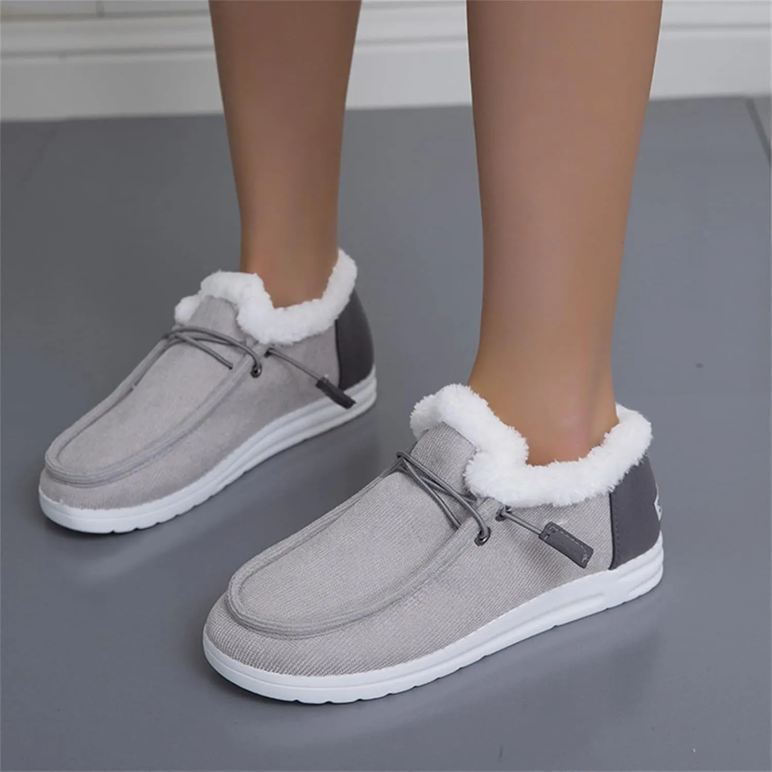 Winter Shoes Women Fleece Lined Low-Top Slip Ons Comfortable Flats Fur Lace Up Loafers Casual Canvas Sneakers