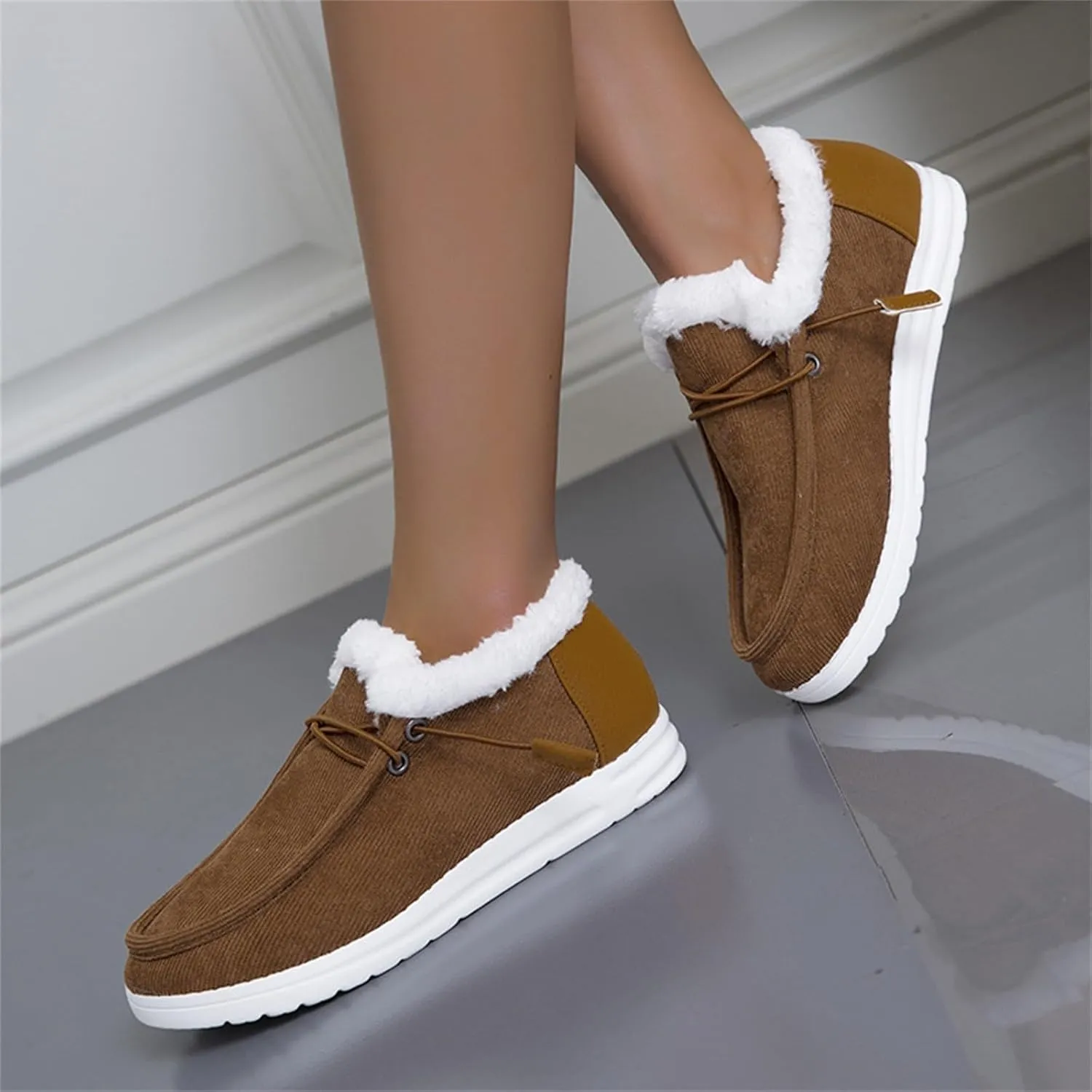 Winter Shoes Women Fleece Lined Low-Top Slip Ons Comfortable Flats Fur Lace Up Loafers Casual Canvas Sneakers