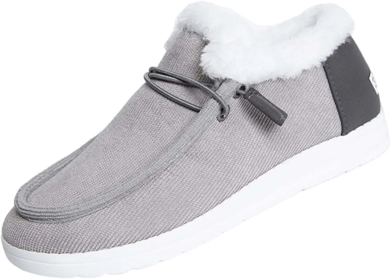 Winter Shoes Women Fleece Lined Low-Top Slip Ons Comfortable Flats Fur Lace Up Loafers Casual Canvas Sneakers