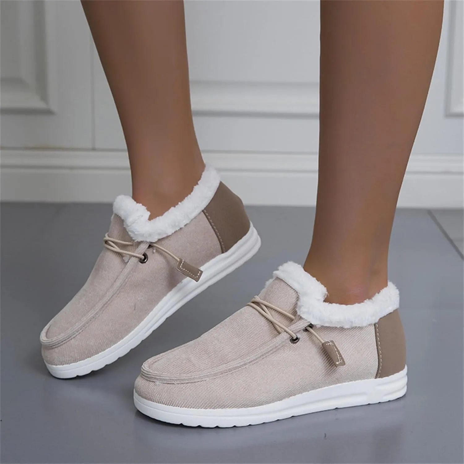 Winter Shoes Women Fleece Lined Low-Top Slip Ons Comfortable Flats Fur Lace Up Loafers Casual Canvas Sneakers