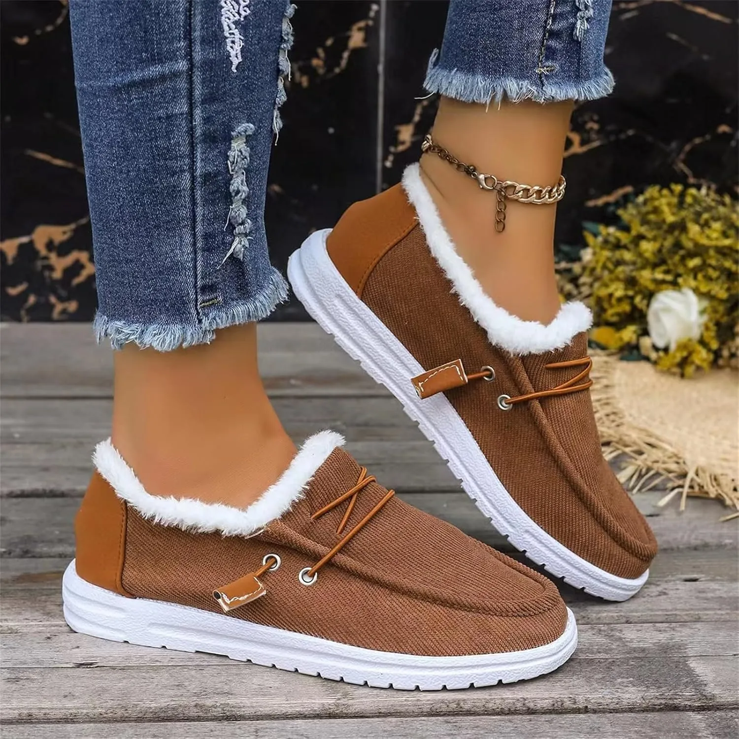 Winter Shoes Women Fleece Lined Low-Top Slip Ons Comfortable Flats Fur Lace Up Loafers Casual Canvas Sneakers